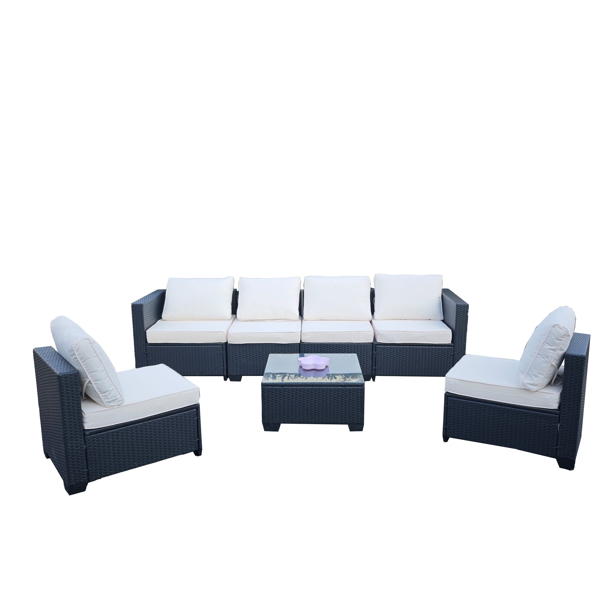 Seven-Piece Sofa Set Table With Sofa Chair Black PE Rattan Outdoor Furniture 7-JH002 Box 3-1-2-3 With Color Cushion
