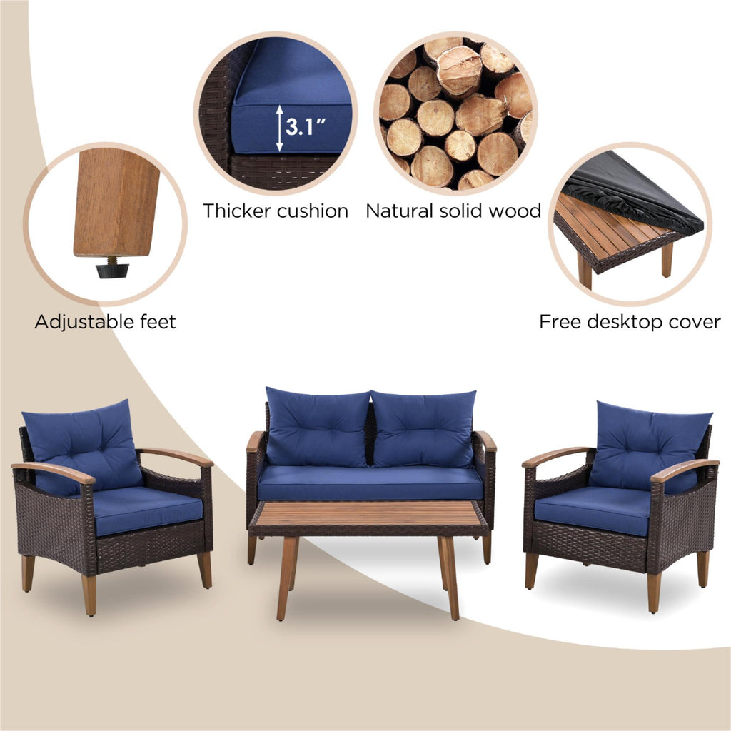 4-Piece Garden Furniture, Patio Seating Set, PE Rattan Outdoor Sofa Set, Wood Table And Legs, Brown And Blue