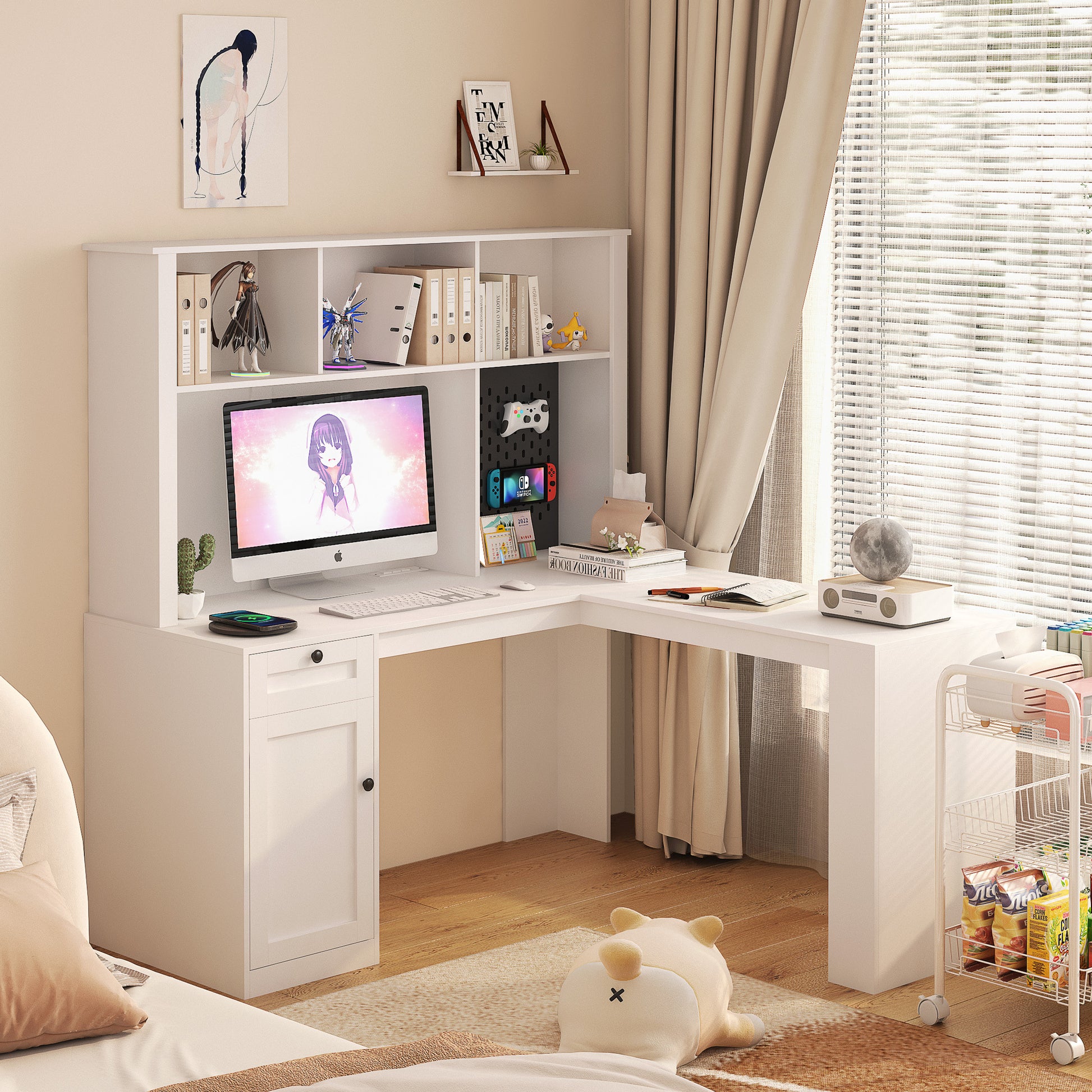 L Shaped Desk With Outlet, Computer Desk With Drawers, Bookshelf, Modern Corner Desk, Home Office Desk,L-Shaped Study Table Writing Desk,Corner Gaming Computer Desk With Storage