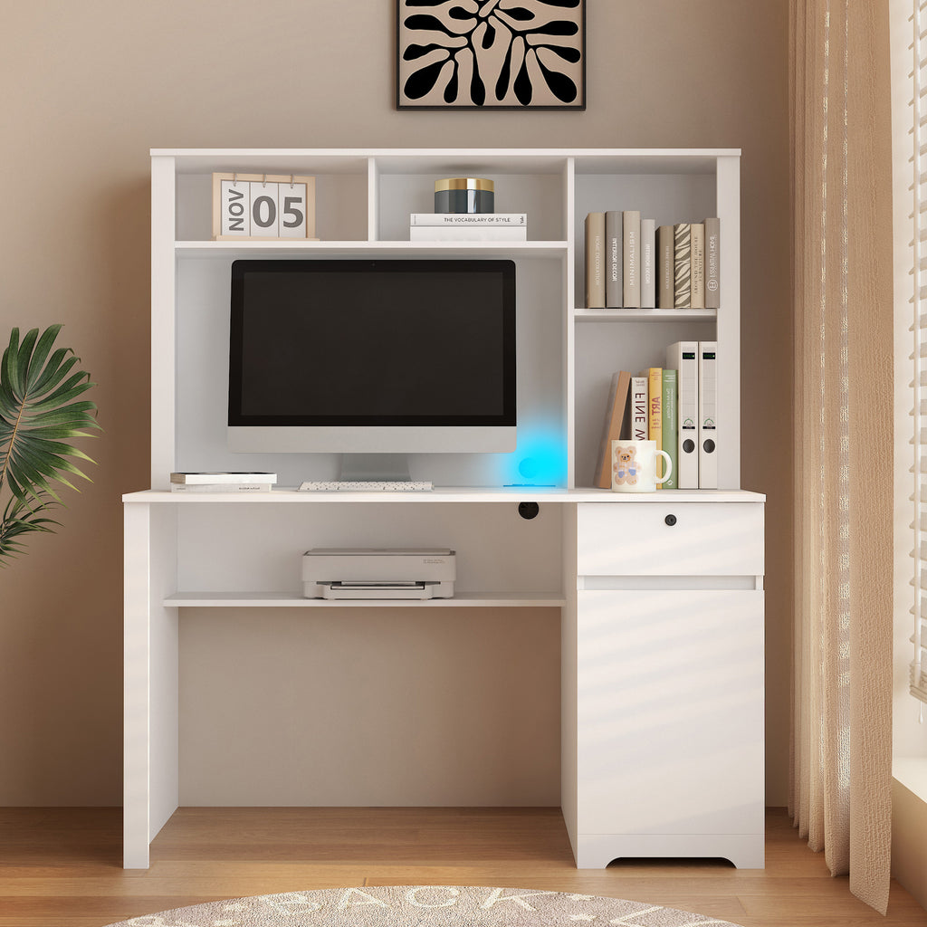 Computer Desk With Hutch & Bookshelf,Wood Executive Desk Teens Student Desk Writing Laptop Home Office Desk With Drawers,3 AC Outlets And 2 USB Charging Ports,Study Laptop Table For Home White