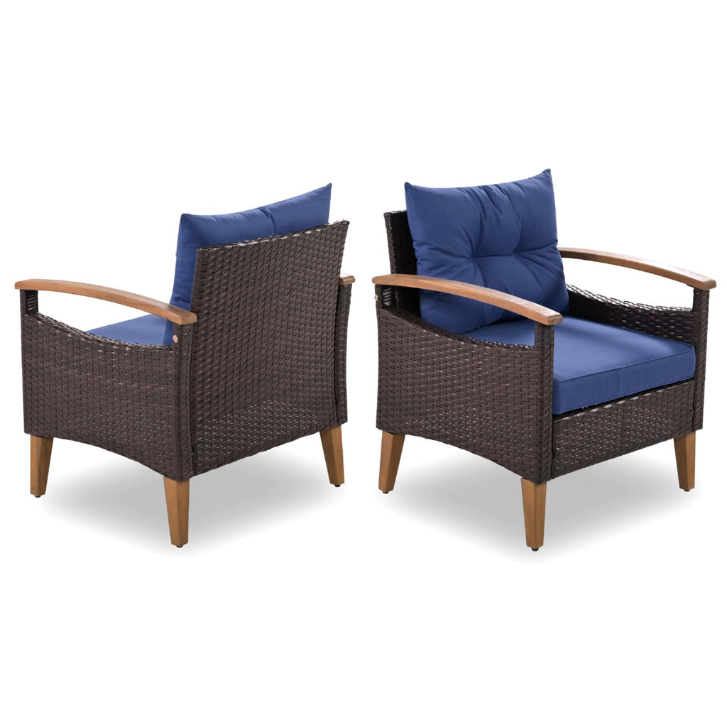 4-Piece Garden Furniture, Patio Seating Set, PE Rattan Outdoor Sofa Set, Wood Table And Legs, Brown And Blue