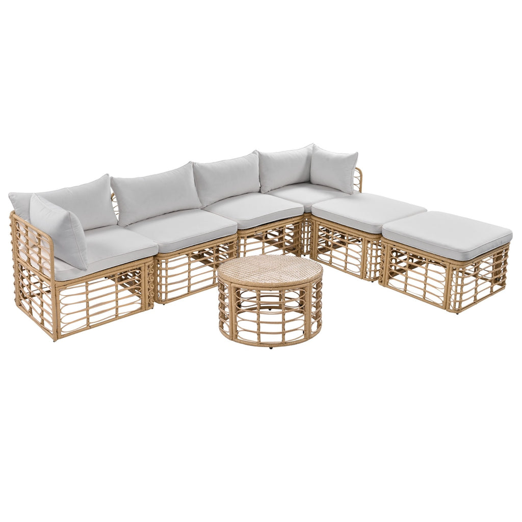 GO 7 Pieces Outdoor Patio Furniture, All-Weather Rattan Sectional Sofa Set With Thick Cushions Grey