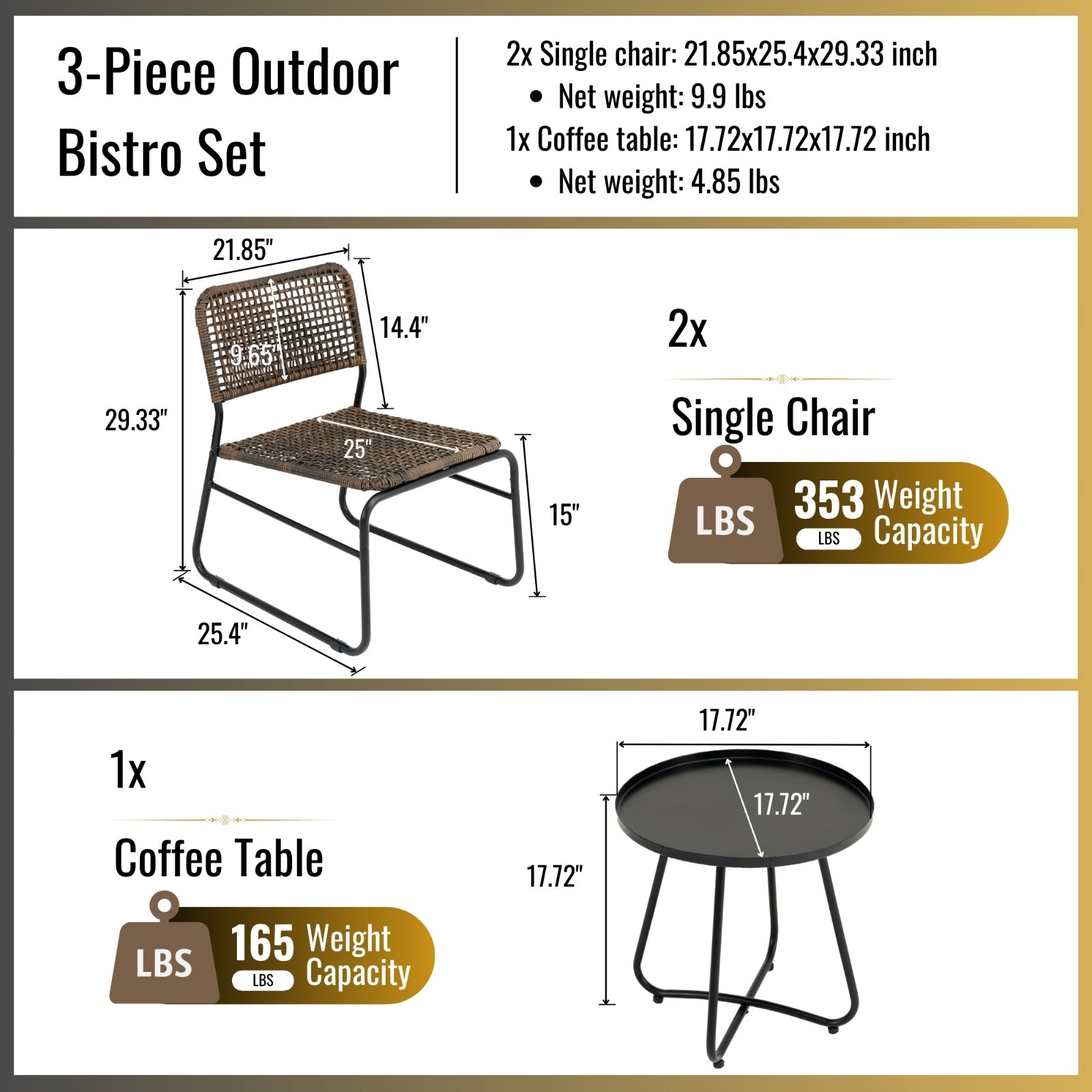 Patio Furniture Set 3 Piece Mixture Pattern PE Rattan Steel Frame And Modern Round Table, Brown