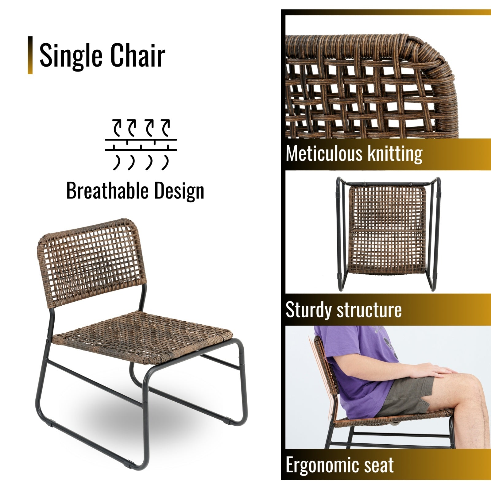 Patio Furniture Set 3 Piece Mixture Pattern PE Rattan Steel Frame And Modern Round Table, Brown