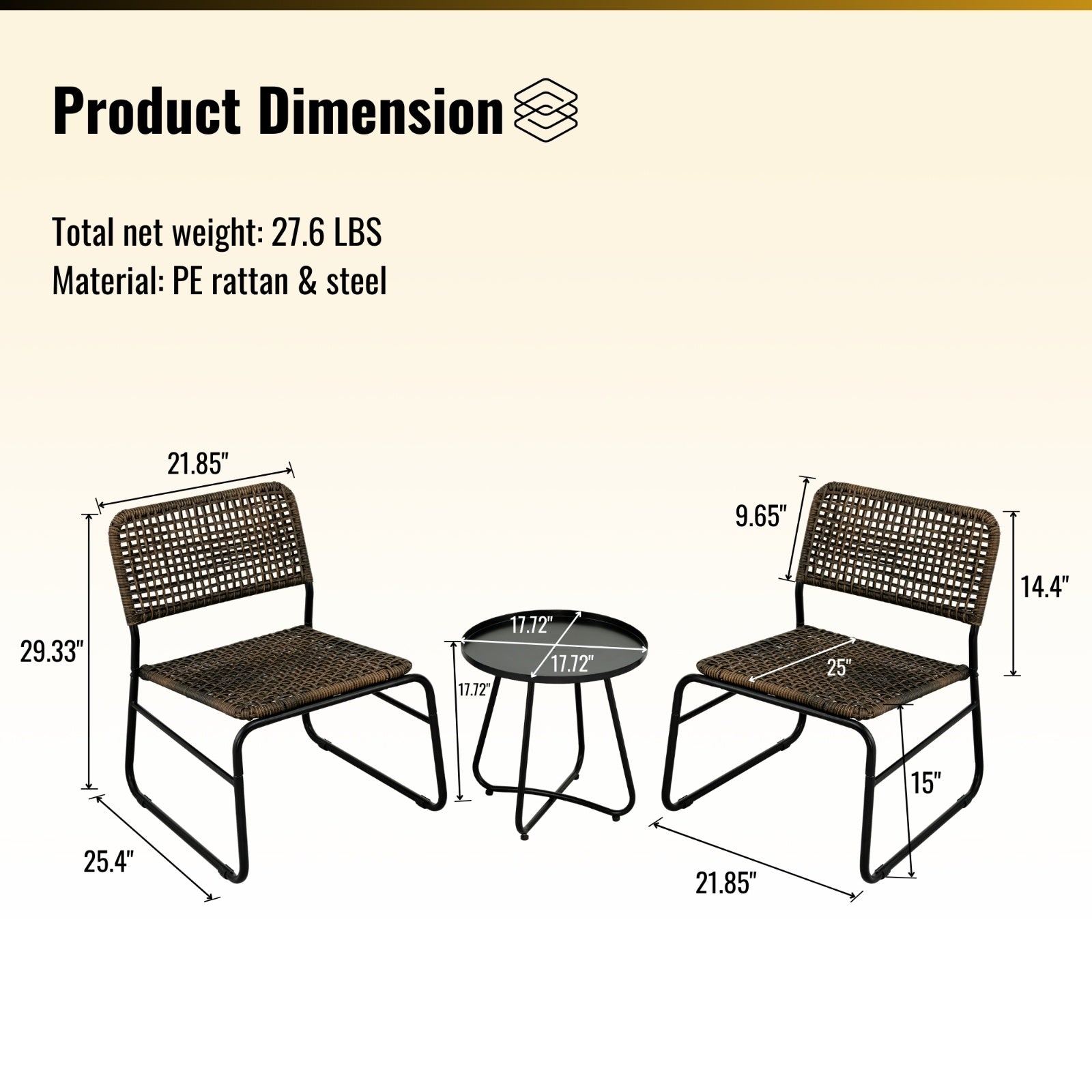 Patio Furniture Set 3 Piece Mixture Pattern PE Rattan Steel Frame And Modern Round Table, Brown