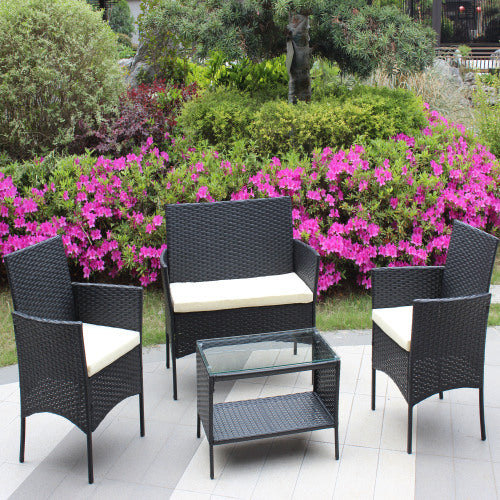 4 PC Rattan Patio Furniture Set Outdoor Patio Cushioned Seat Wicker Sofa Beige Cushion