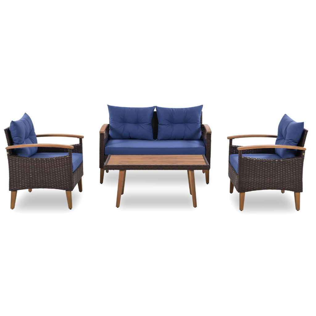 4-Piece Garden Furniture, Patio Seating Set, PE Rattan Outdoor Sofa Set, Wood Table And Legs, Brown And Blue