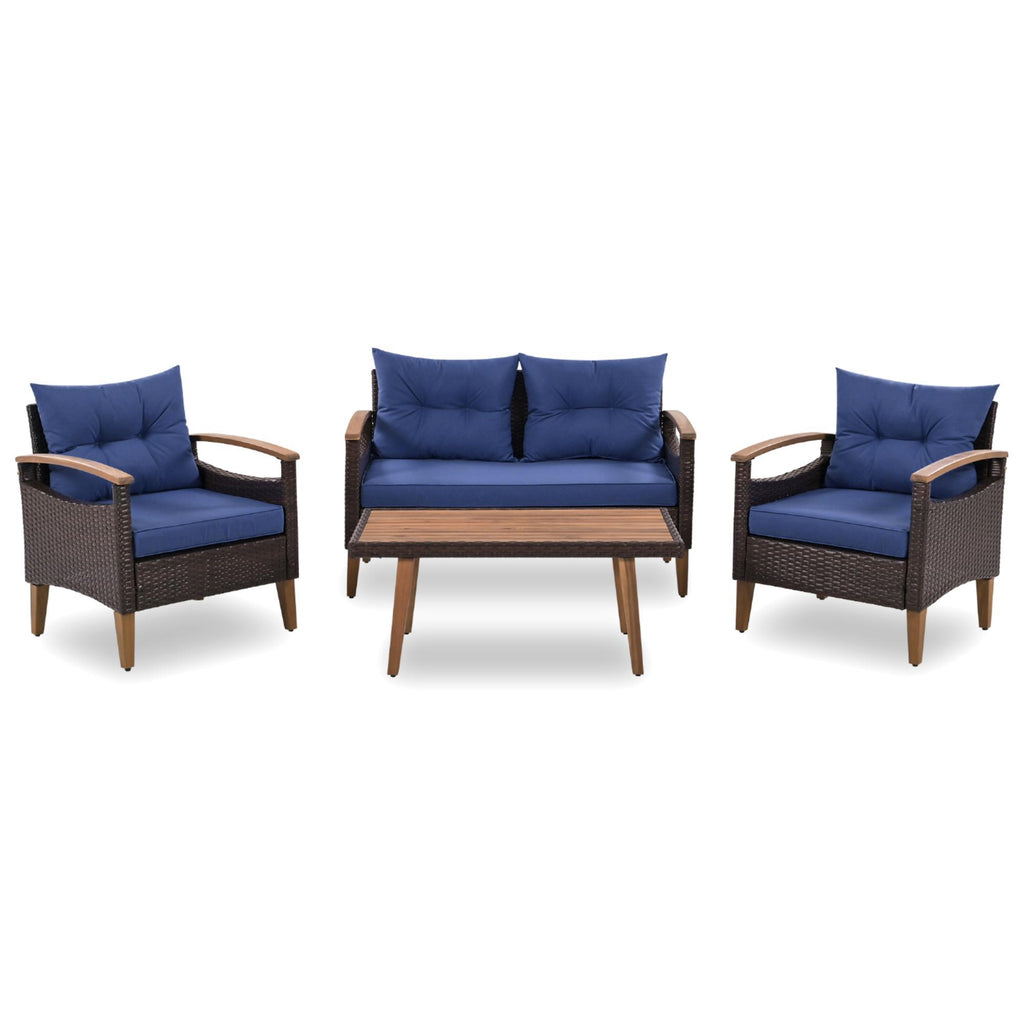 4-Piece Garden Furniture, Patio Seating Set, PE Rattan Outdoor Sofa Set, Wood Table And Legs, Brown And Blue