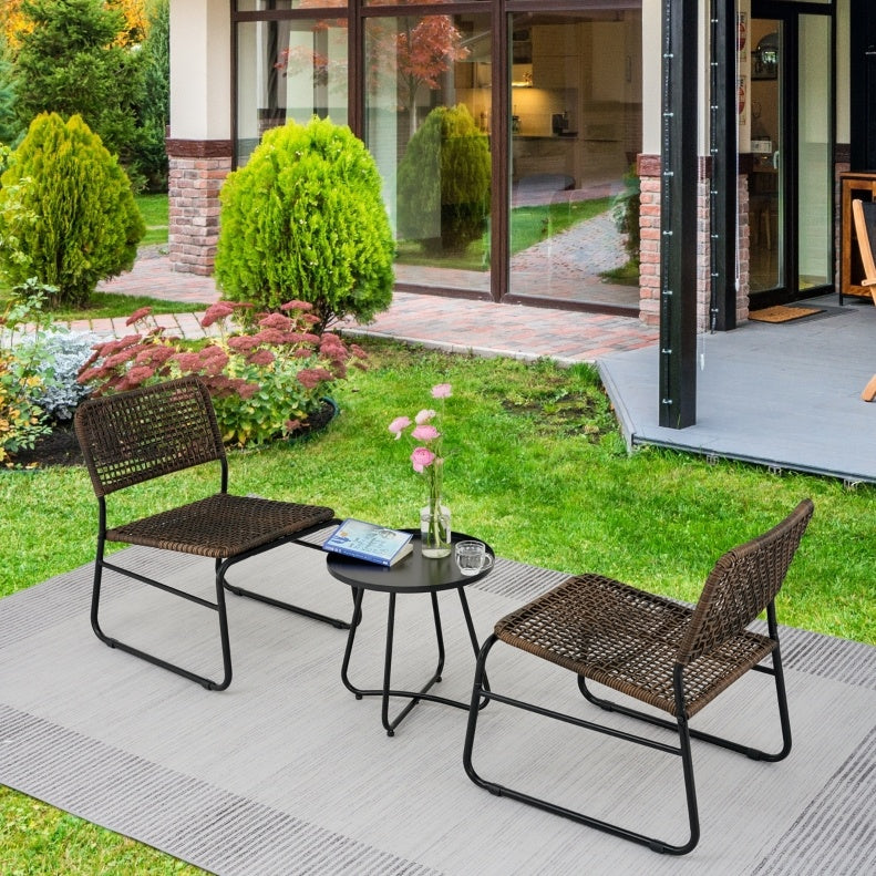 Patio Furniture Set 3 Piece Mixture Pattern PE Rattan Steel Frame And Modern Round Table, Brown