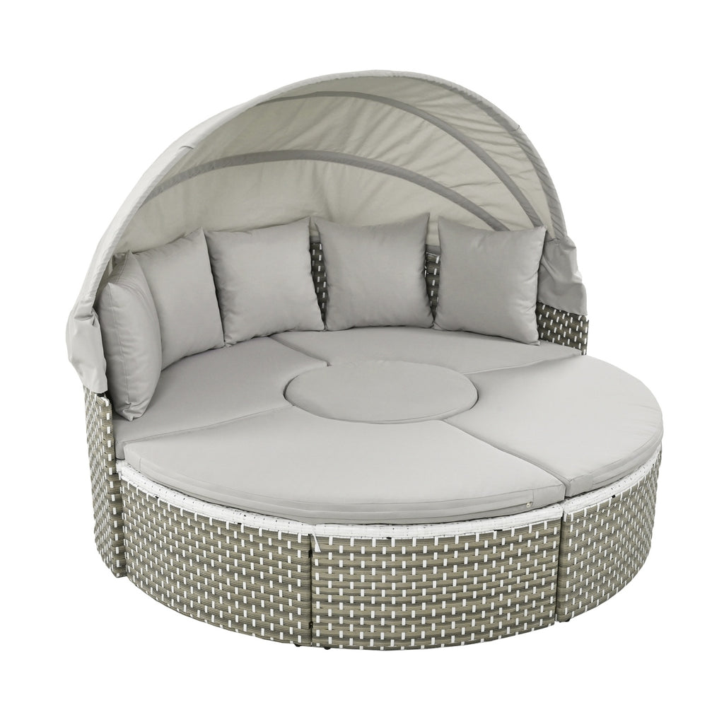 TOPMAX Patio Furniture Round Outdoor Sectional Sofa Set Rattan Daybed Two-Tone Weave Sunbed