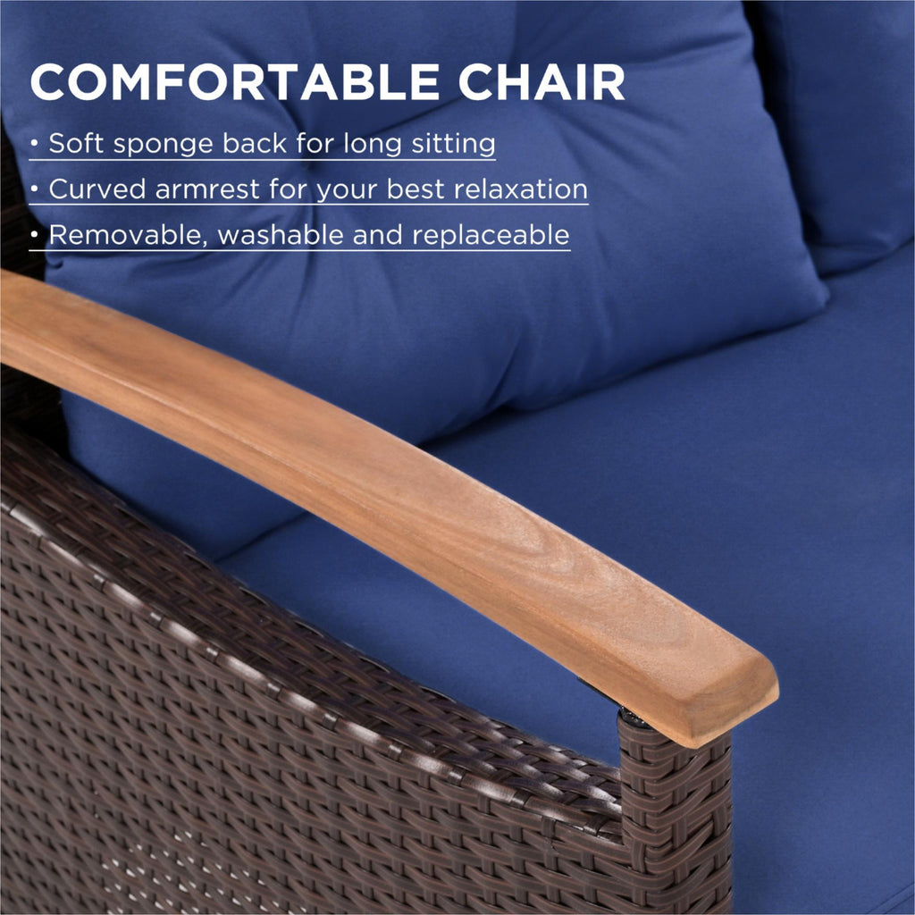 4-Piece Garden Furniture, Patio Seating Set, PE Rattan Outdoor Sofa Set, Wood Table And Legs, Brown And Blue