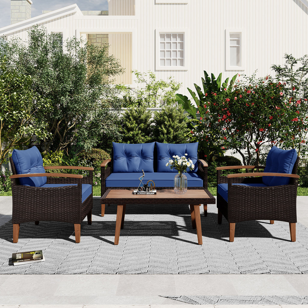 4-Piece Garden Furniture, Patio Seating Set, PE Rattan Outdoor Sofa Set, Wood Table And Legs, Brown And Blue