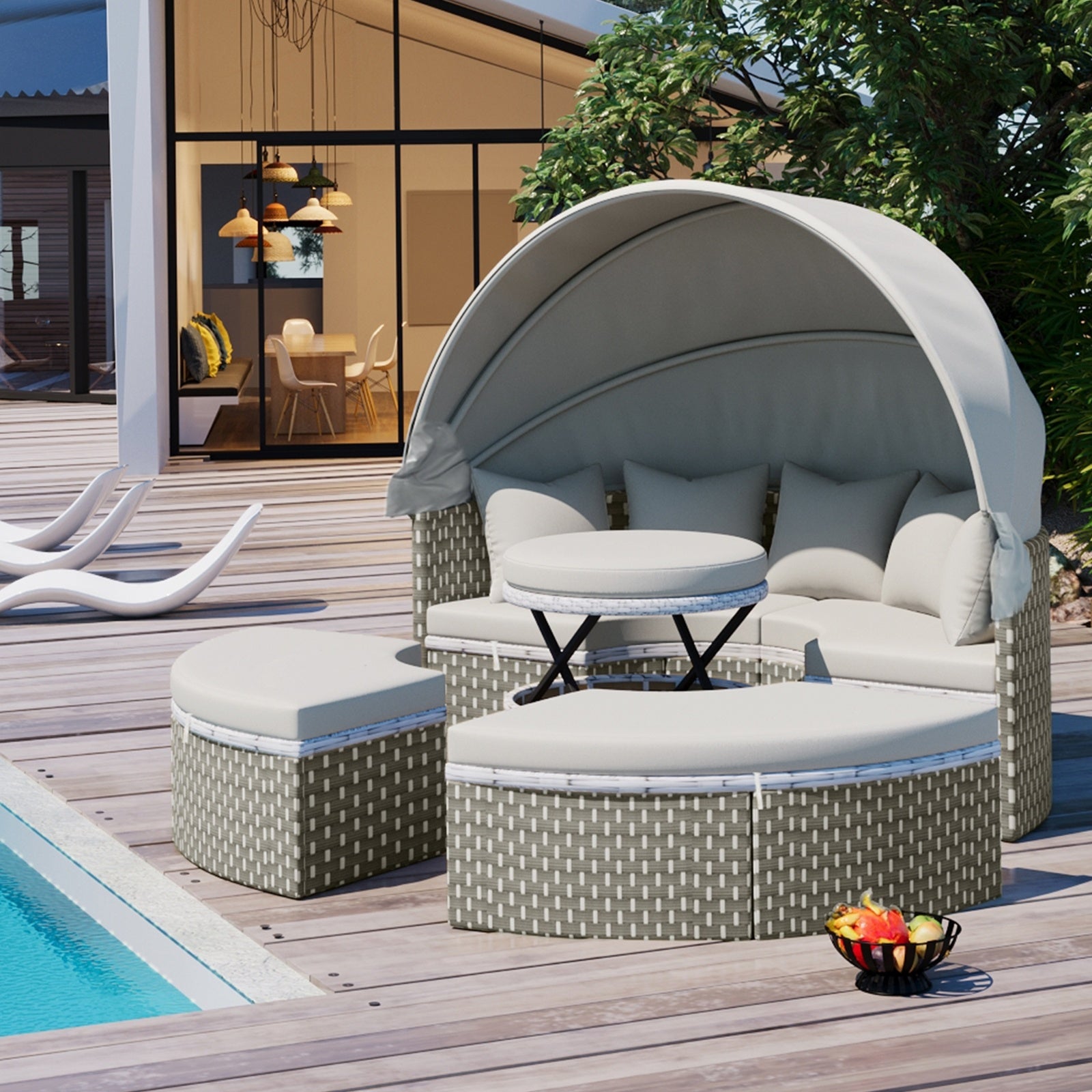 TOPMAX Patio Furniture Round Outdoor Sectional Sofa Set Rattan Daybed Two-Tone Weave Sunbed