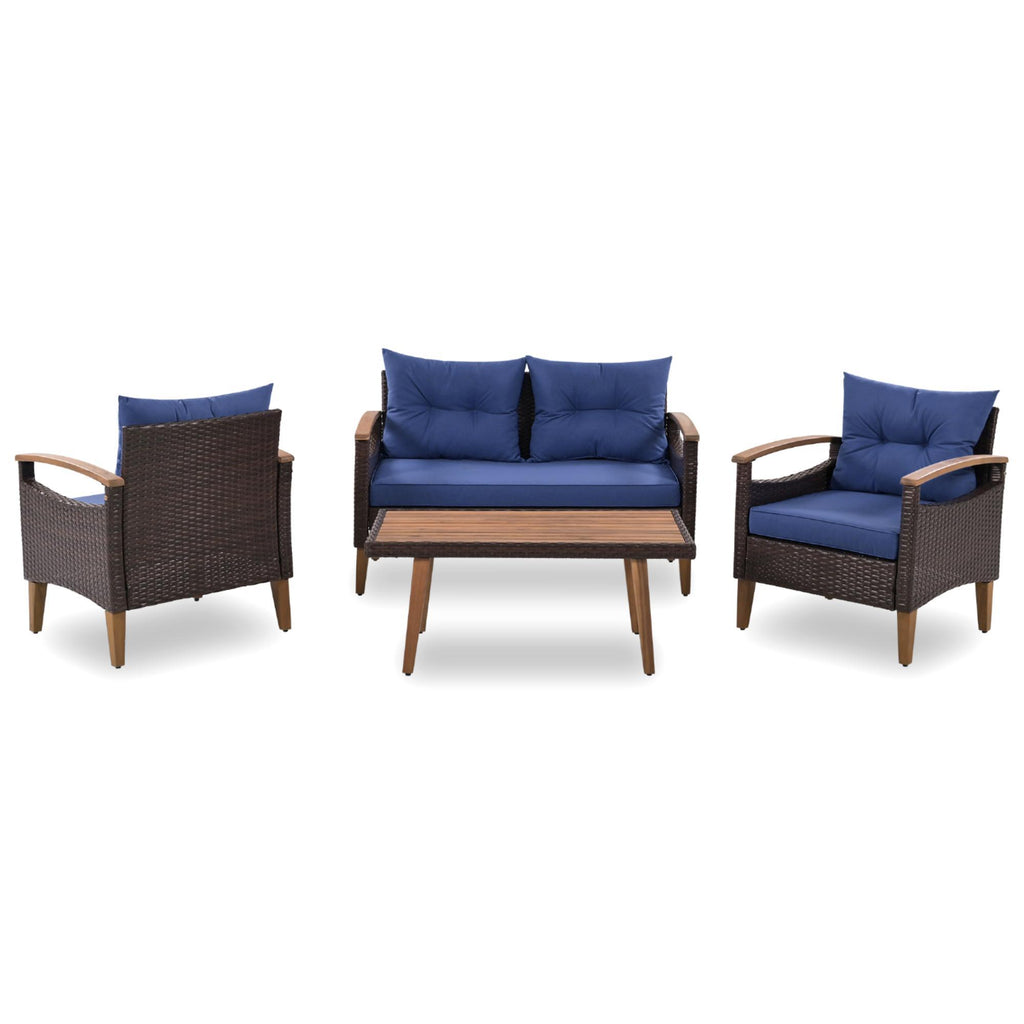4-Piece Garden Furniture, Patio Seating Set, PE Rattan Outdoor Sofa Set, Wood Table And Legs, Brown And Blue