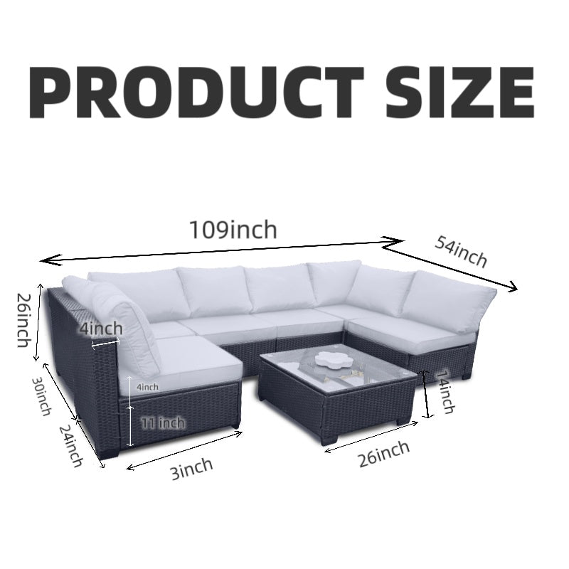 Seven-Piece Sofa Set Table With Sofa Chair Black PE Rattan Outdoor Furniture 7-JH002 Box 3-1-2-3 With Color Cushion