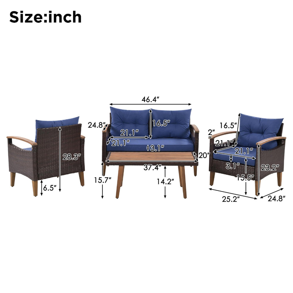 4-Piece Garden Furniture, Patio Seating Set, PE Rattan Outdoor Sofa Set, Wood Table And Legs, Brown And Blue