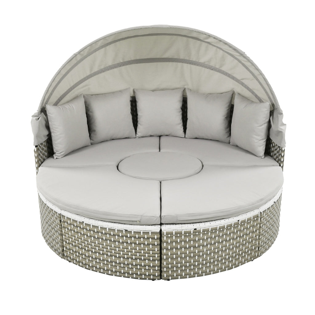 TOPMAX Patio Furniture Round Outdoor Sectional Sofa Set Rattan Daybed Two-Tone Weave Sunbed