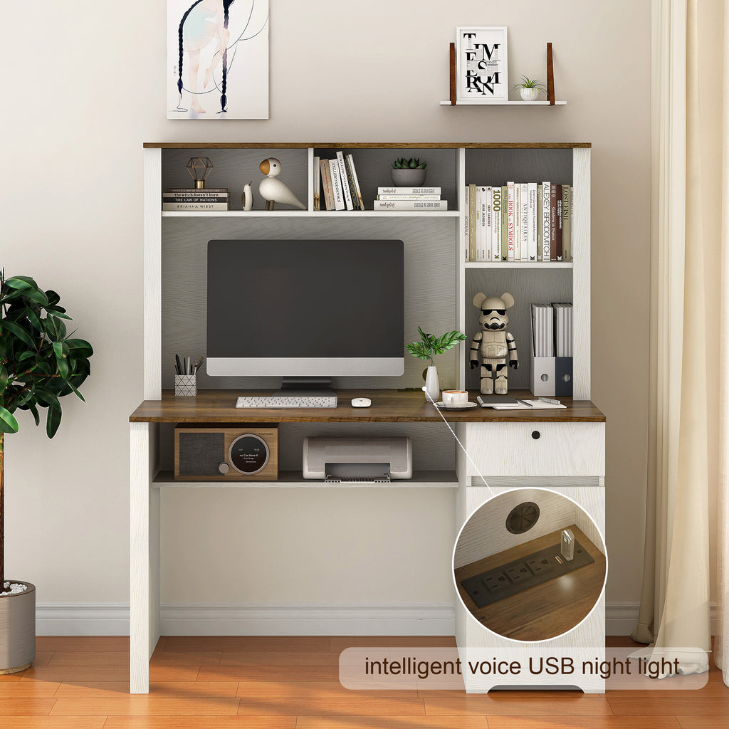 Computer Desk With Hutch & Bookshelf,Wood Executive Desk Teens Student Desk Writing Laptop Home Office Desk With Drawers,3 AC Outlets And 2 USB Charging Ports,Study Laptop Table For Home
