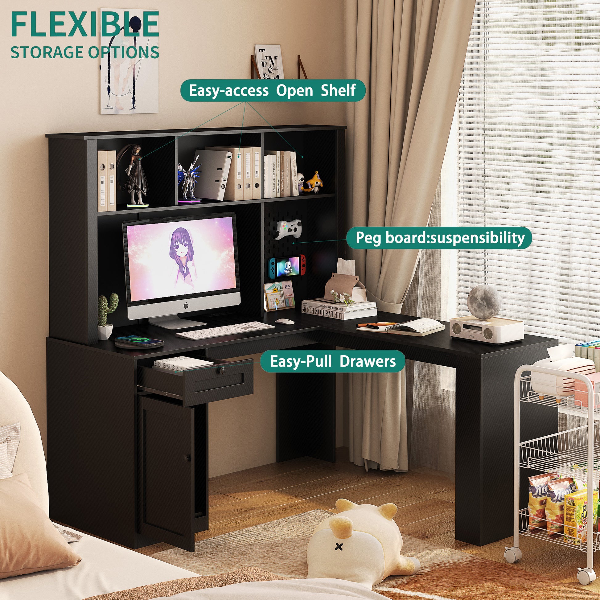 L Shaped Desk With Charger,Computer Desk With Drawers,Bookshelf,Modern Corner Desk,Home Office Desk,L-Shaped Study Table Writing Desk,Carbon Fiber Gaming Computer Desk With Storage,Black