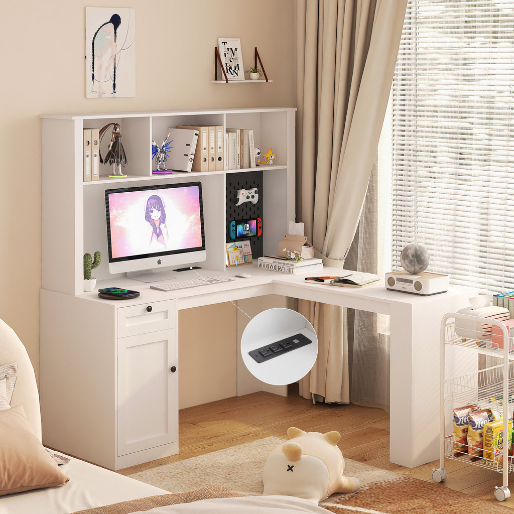 L Shaped Desk With Outlet, Computer Desk With Drawers, Bookshelf, Modern Corner Desk, Home Office Desk,L-Shaped Study Table Writing Desk,Corner Gaming Computer Desk With Storage