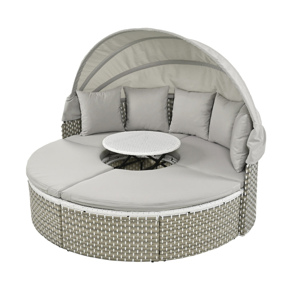 TOPMAX Patio Furniture Round Outdoor Sectional Sofa Set Rattan Daybed Two-Tone Weave Sunbed