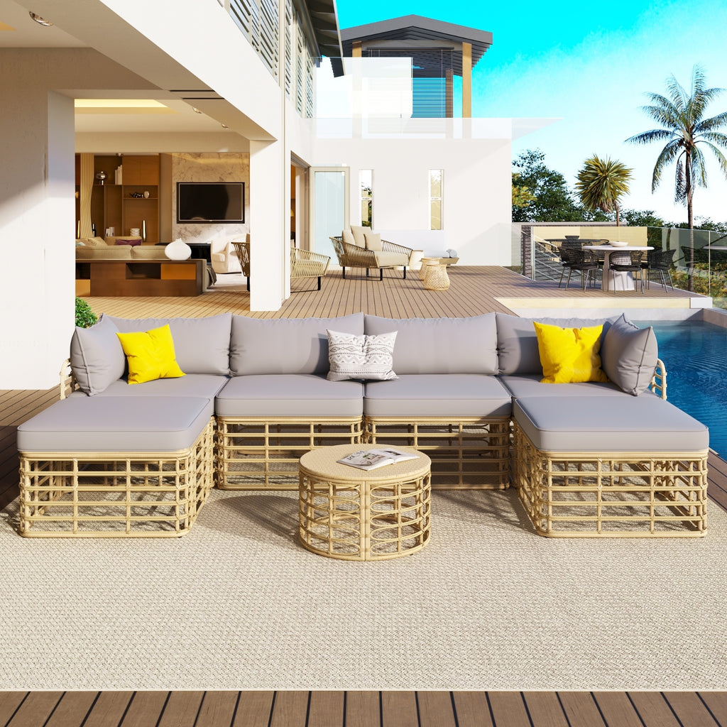 GO 7 Pieces Outdoor Patio Furniture, All-Weather Rattan Sectional Sofa Set With Thick Cushions Grey