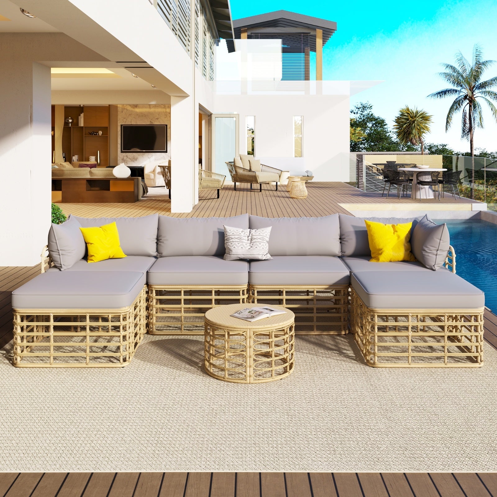 GO 7 Pieces Outdoor Patio Furniture, All-Weather Rattan Sectional Sofa Set With Thick Cushions Grey