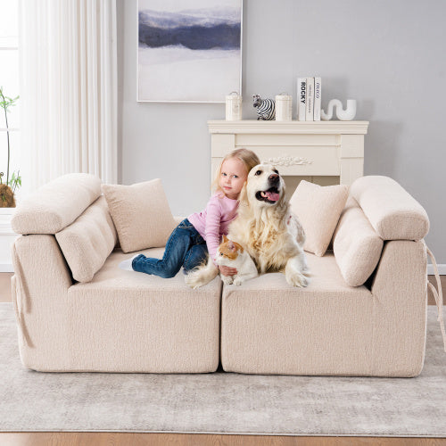 LY-029 APRICOT COMPRESSION SOFA 4-seater Combined Sofa, Wood Grain Chenille Fabric, Full Sponge Compression Sofa,combined Sofa With 2 Pillows For Living Home Furniture Apartment