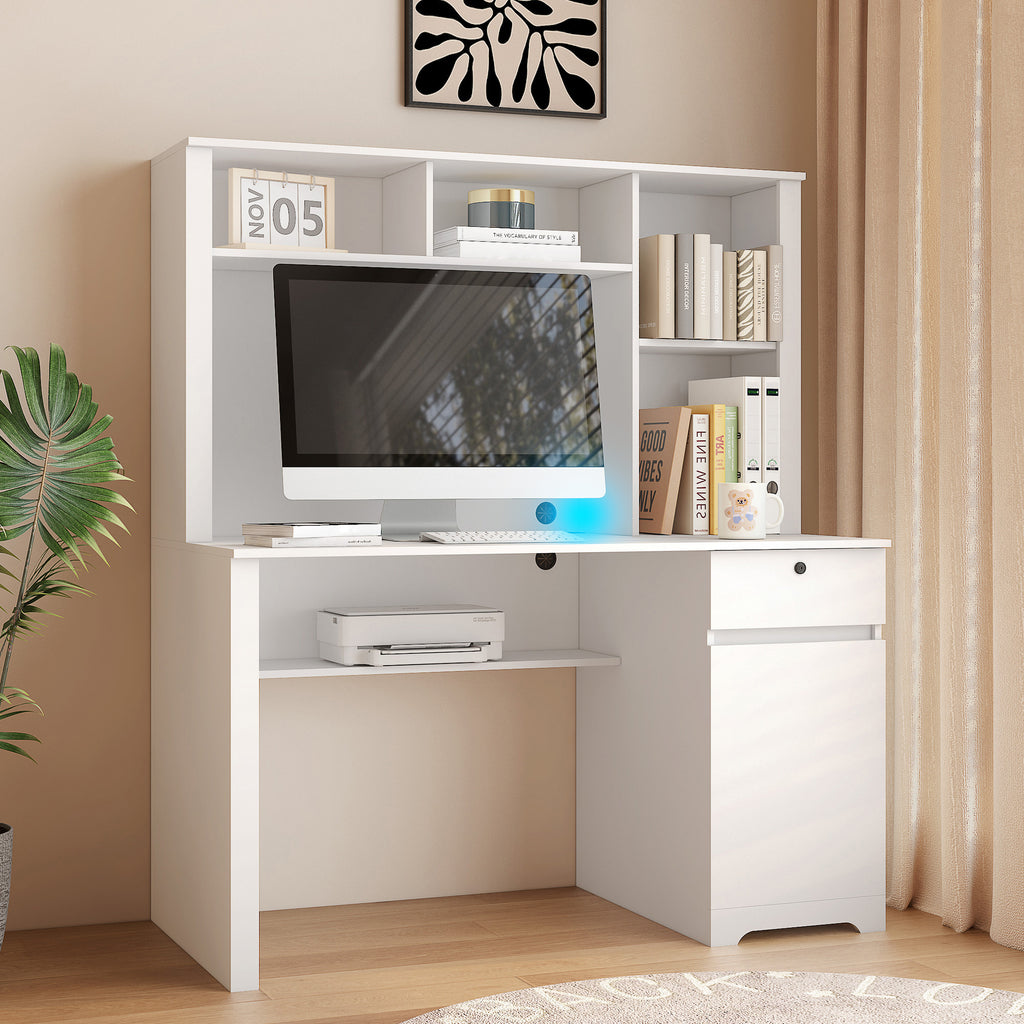 Computer Desk With Hutch & Bookshelf,Wood Executive Desk Teens Student Desk Writing Laptop Home Office Desk With Drawers,3 AC Outlets And 2 USB Charging Ports,Study Laptop Table For Home White