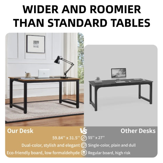Computer Desk Large Office Desk, 59.8 Inch   70.9 Inch Gaming Desk Writing Desk Work Desk For Home Office, Study, Modern Simple Wooden Desk, Large Legroom, Metal Frame, Rustic Black