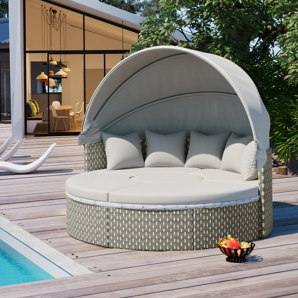 TOPMAX Patio Furniture Round Outdoor Sectional Sofa Set Rattan Daybed Two-Tone Weave Sunbed