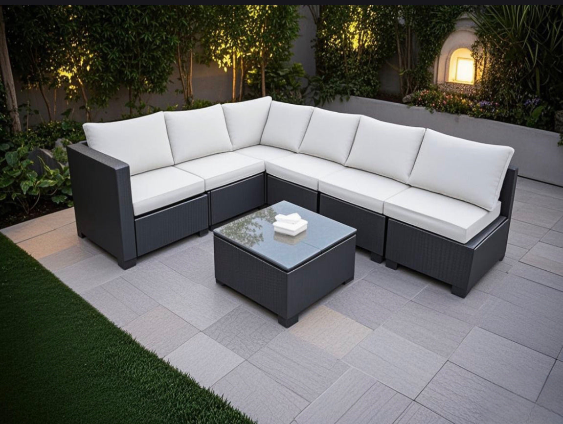 Seven-Piece Sofa Set Table With Sofa Chair Black PE Rattan Outdoor Furniture 7-JH002 Box 3-1-2-3 With Color Cushion