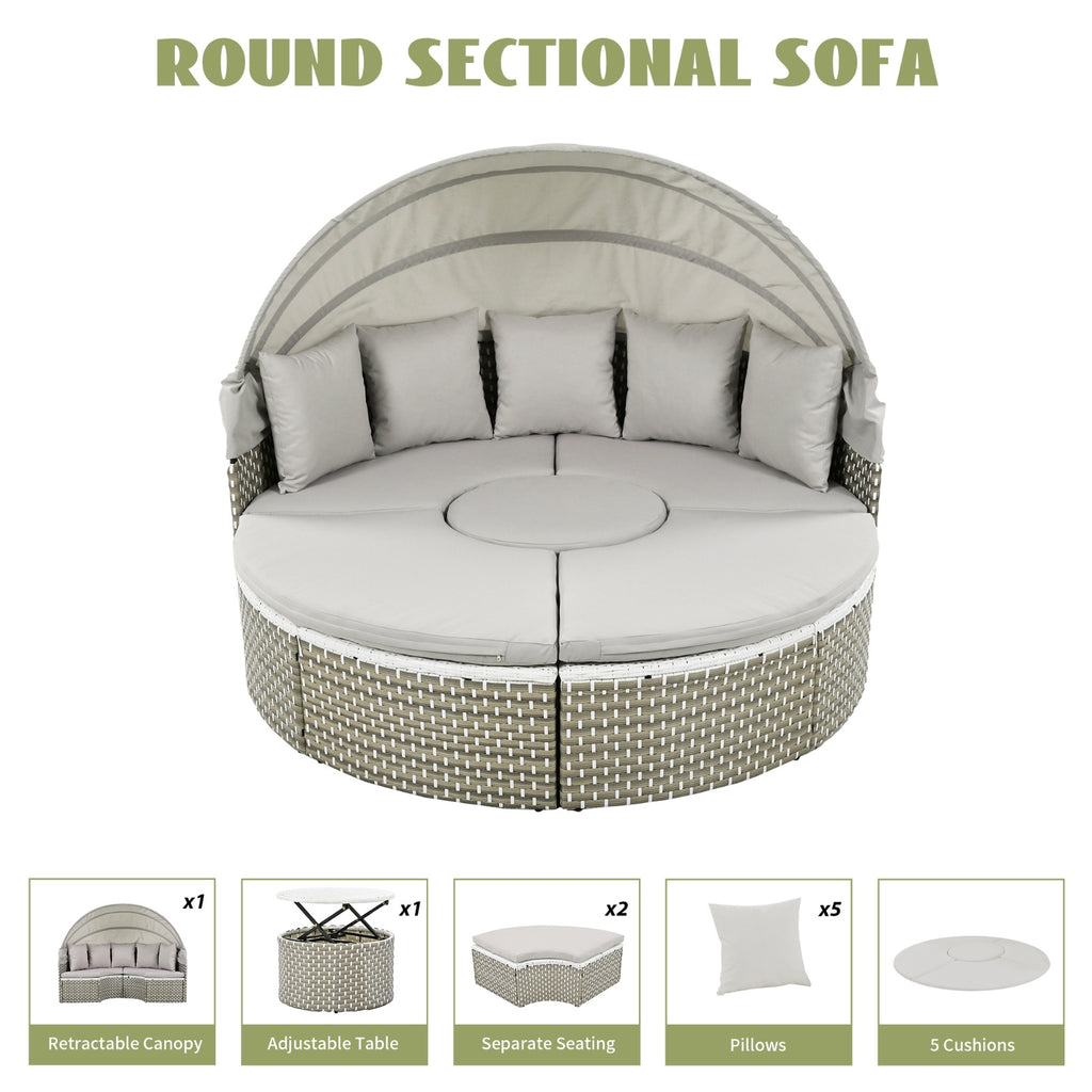 TOPMAX Patio Furniture Round Outdoor Sectional Sofa Set Rattan Daybed Two-Tone Weave Sunbed