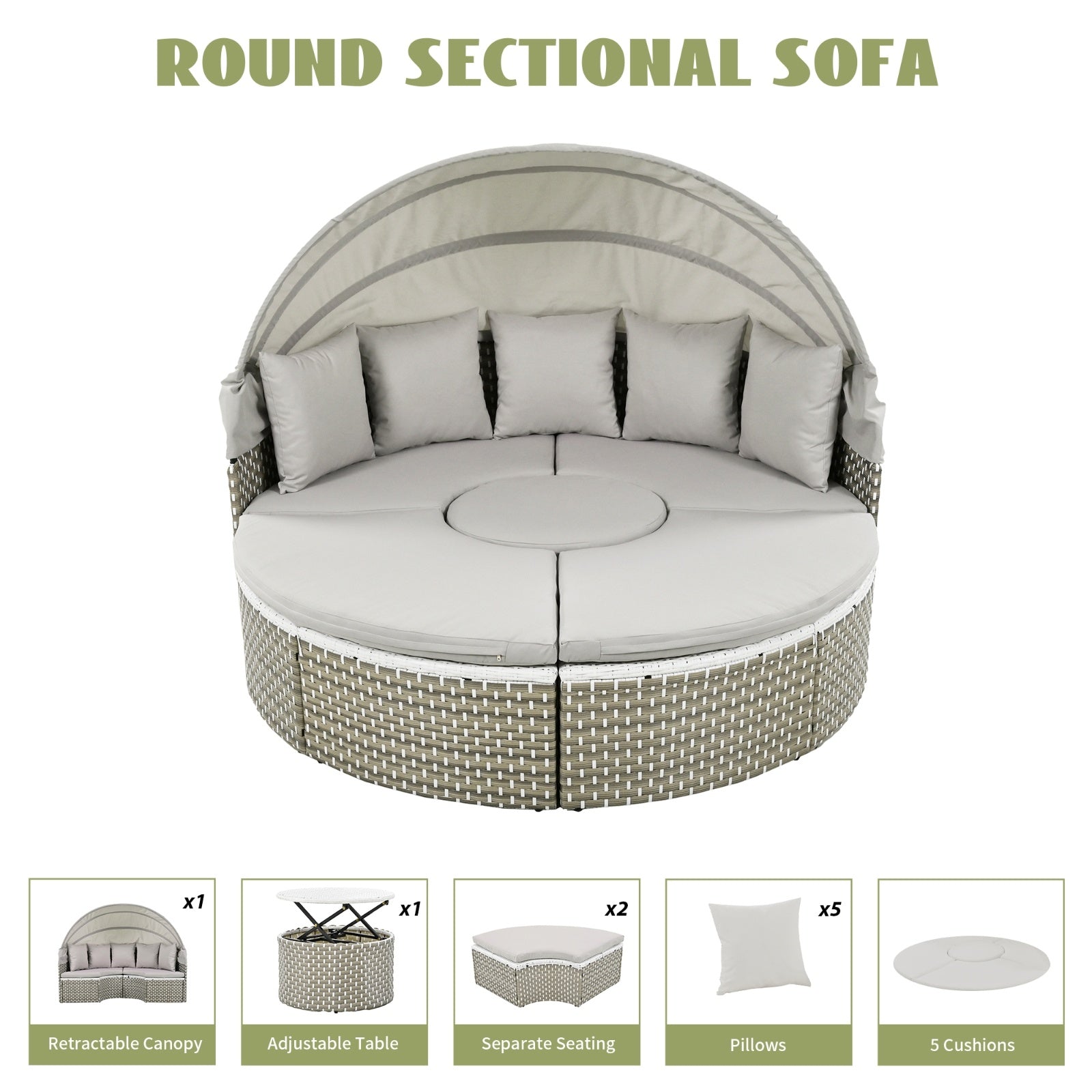 TOPMAX Patio Furniture Round Outdoor Sectional Sofa Set Rattan Daybed Two-Tone Weave Sunbed