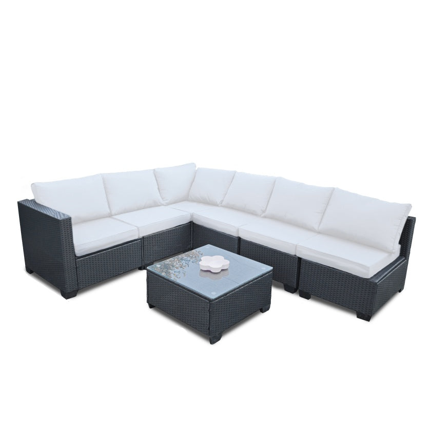 Seven-Piece Sofa Set Table With Sofa Chair Black PE Rattan Outdoor Furniture 7-JH002 Box 3-1-2-3 With Color Cushion