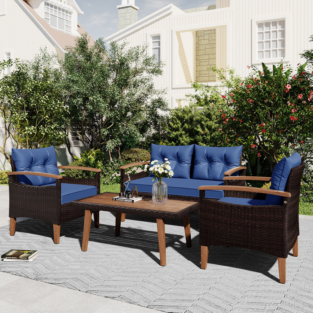 4-Piece Garden Furniture, Patio Seating Set, PE Rattan Outdoor Sofa Set, Wood Table And Legs, Brown And Blue