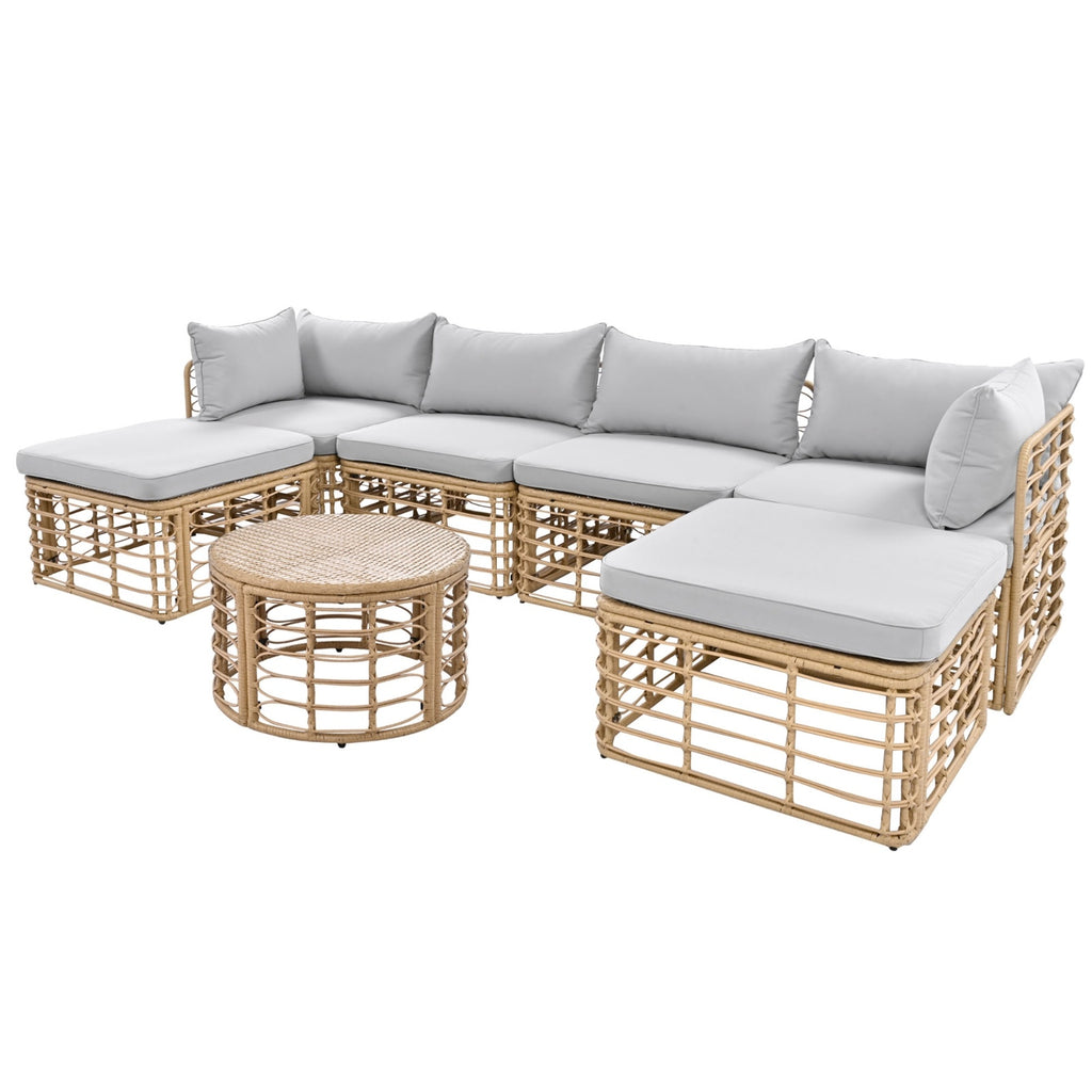 GO 7 Pieces Outdoor Patio Furniture, All-Weather Rattan Sectional Sofa Set With Thick Cushions Grey